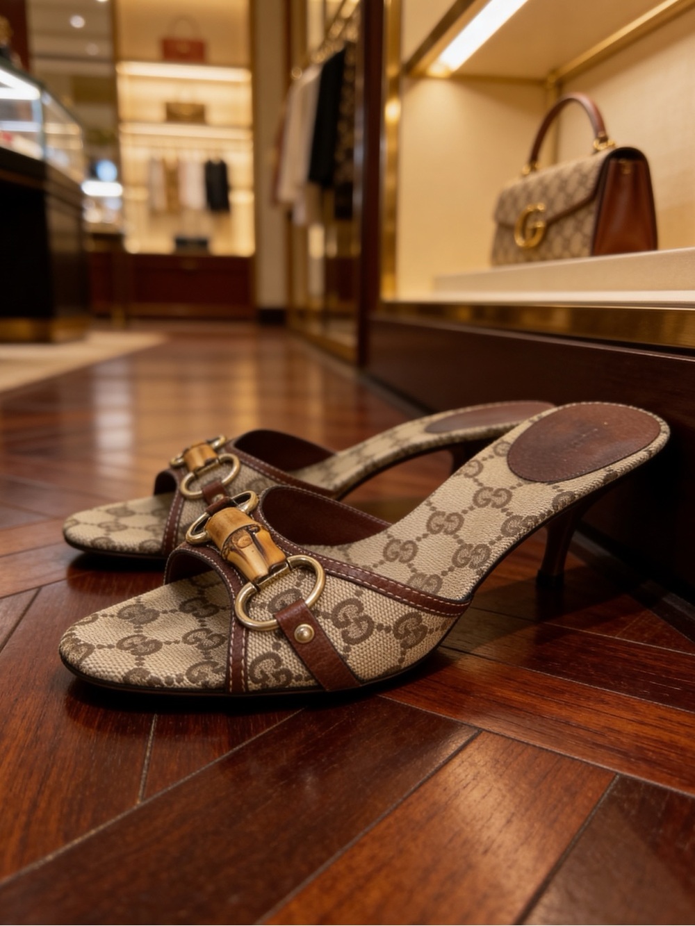 Women’s Gucci GG Bamboo fabric Sandals pumps size 8.5